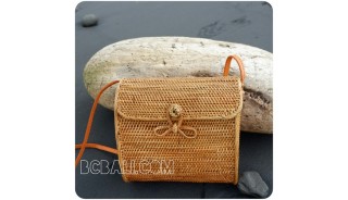 passport sling bags rattan leather with flower clip